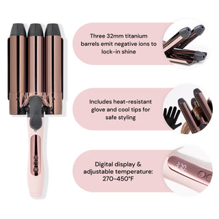 e Tridente hair waving tool stands next to 3 closeups showing its three barrels, heat-resistant glove, and digital display.