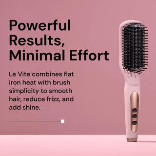 L’ange Le Vite hair straightening brush standing upright on a pink surface beside bold text that reads: ‘Powerful Results, Minimal Effort.’ Subtext says: ‘Le Vite combines flat iron heat with brush simplicity to smooth hair, reduce frizz, and add shine.
