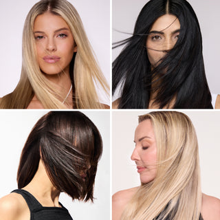 Collage of four women with sleek, straight hairstyles in various hair colors.