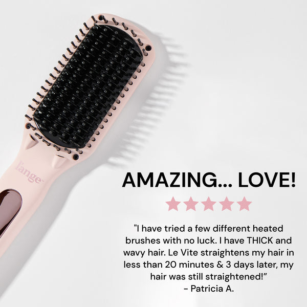 A 5-star customer review sits beside Le Vite explaining this straightening brush works well on her thick hair.