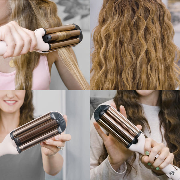 4 images show a woman with red hair creating a fun wavy hairstyle with Le Vogue Titanium Deep Waver. 