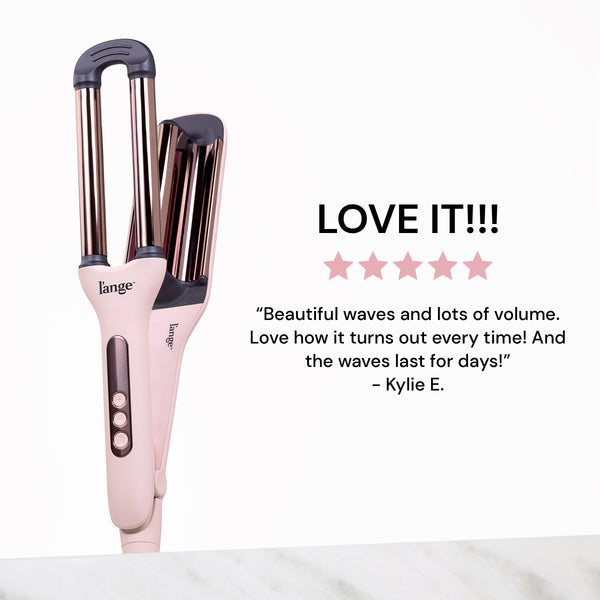 The blush-colored Le Vogue is open next to a 5-star review labeled “Love It” and stating the beautiful waves last for days.