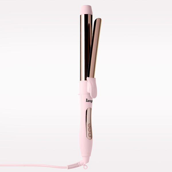 A light pink and rose gold curling iron shown vertically against a clean white background. The brand name 'l'ange' is visible on the handle.