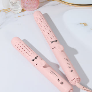 Two sleek, pink hair styling tools with adjustable temperature settings, featuring a minimalist design and ergonomic handle.
