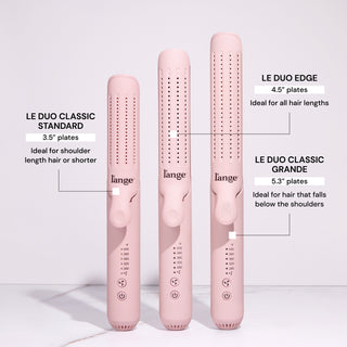 Three pink hair styling tools are displayed, each featuring different plate sizes: Le Duo Classic Standard with 3.5-inch plates for shoulder-length or shorter hair, Le Duo Edge with 4.5-inch plates suitable for all hair lengths, and Le Duo Classic Grande with 5.3-inch plates for hair below the shoulders.