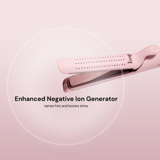 Pink hair straightener featuring an enhanced negative ion generator, designed to tame frizz and boost shine.