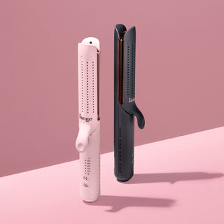 Two sleek, modern hair styling tools in pink and black, showcasing adjustable temperature controls and ergonomic design against a soft pink background.