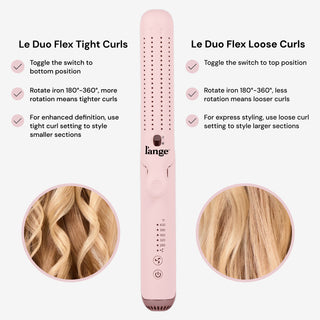 Le Duo Flex curling iron in pink offers adjustable settings for tight or loose curls. Features a switch for positioning, rotational control from 180° to 360° for curl tightness, and a display of five temperature settings. Enhanced definition by using the tight curl setting for smaller sections, while loose curl setting is recommended for larger sections.