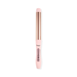Pink 32mm curling wand with a rose gold barrel and three digital control buttons on the handle