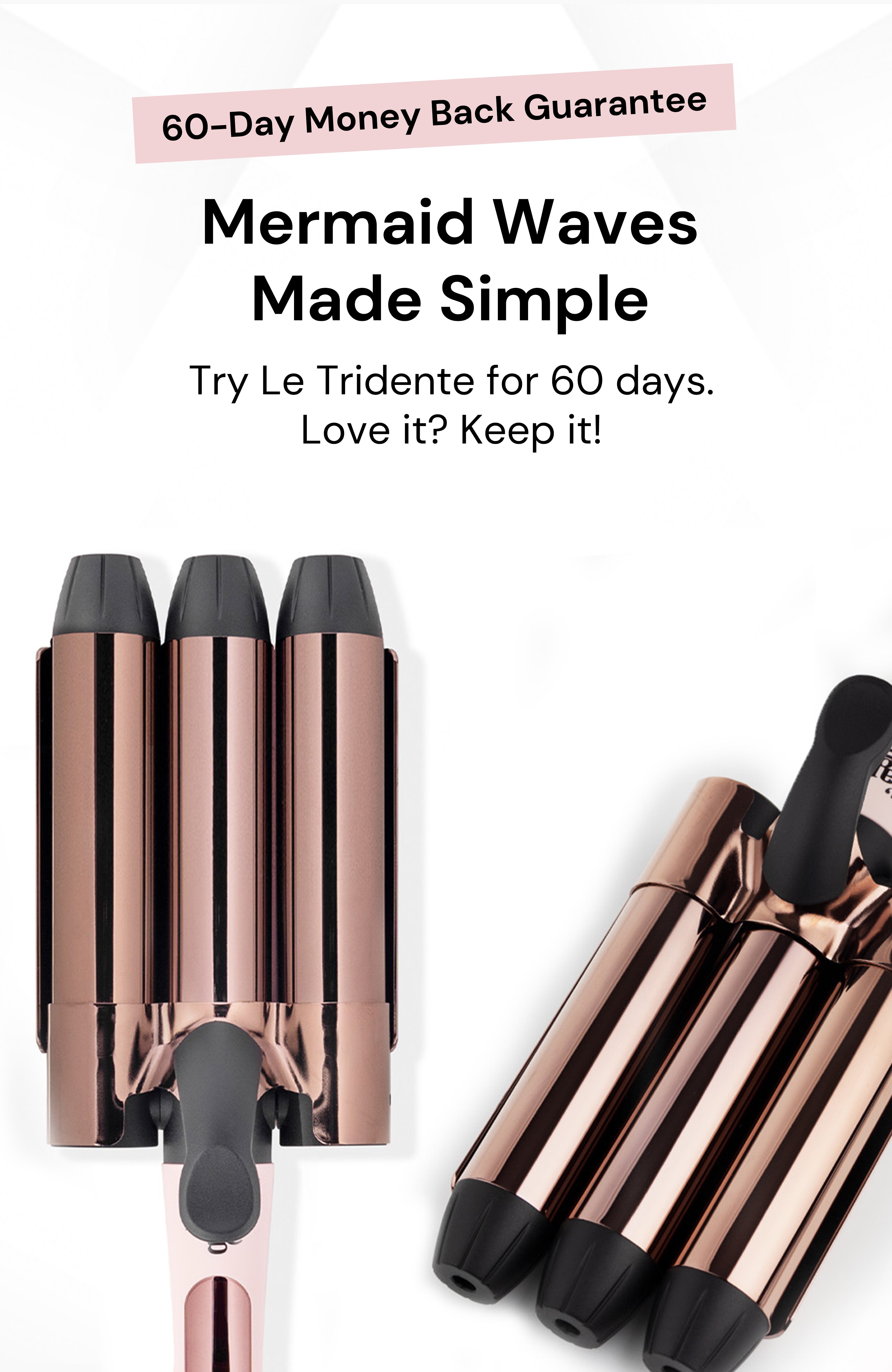 Advertisement for a hair styling tool called Le Tridente, featuring a copper-colored three-barrel design, with a 60-day money-back guarantee.
