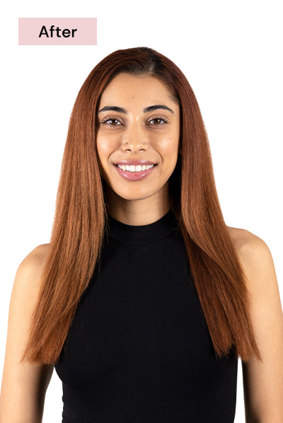 Smiling woman with straight, sleek reddish-brown hair wearing a black sleeveless top, with a label indicating the "After" result.