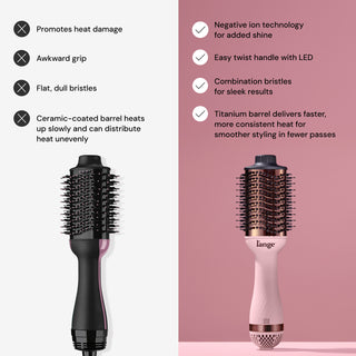 Comparison of two hair styling brushes. The left brush is described as having heat damage risk, awkward grip, dull bristles, and uneven heating. The right brush highlights features like negative ion technology for shine, LED twist handle, sleek combination bristles, and a titanium barrel for consistent heat and smoother styling.