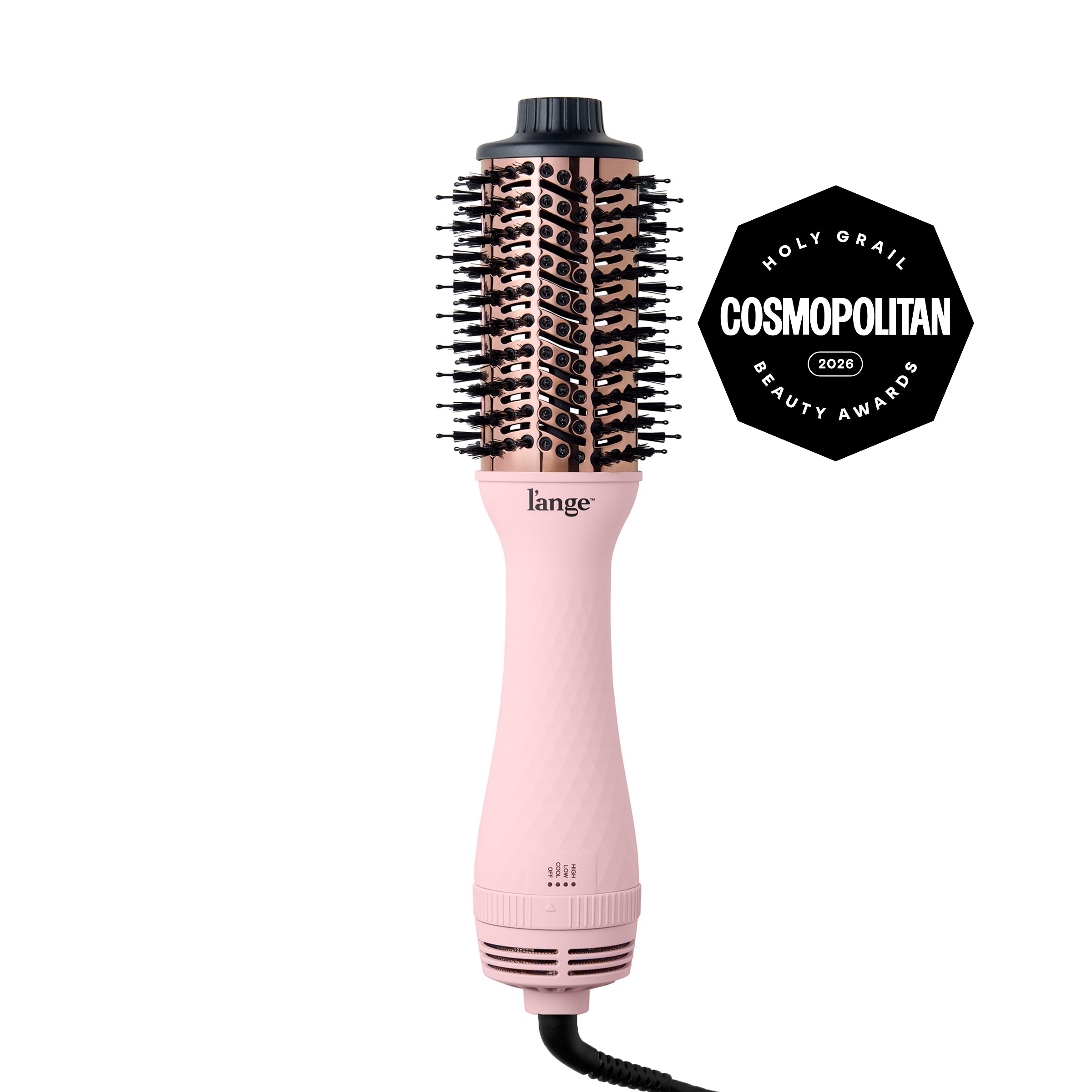 L'ange Le Volume 60MM Blush hair volumizing brush dryer, displayed  on a white background, featuring a Cosmopolitan Holy Grail Beauty Awards 2026 badge