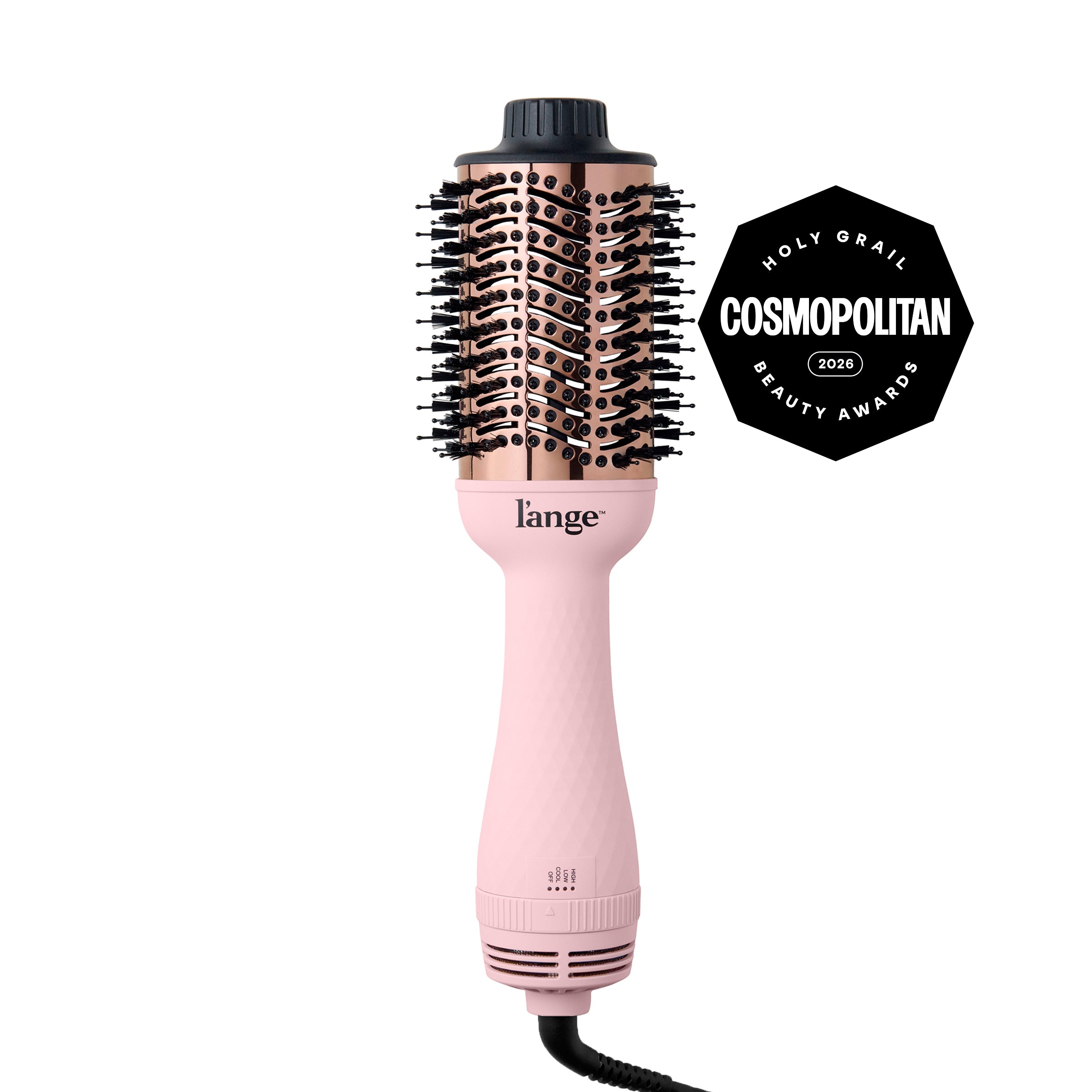 L'ange Le Volume 75MM Blush hair volumizing brush dryer, displayed  on a white background, featuring a Cosmopolitan Holy Grail Beauty Awards 2026 badge