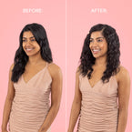 Before textured dark hair and After wavy dark hair woman sparkly blush dress