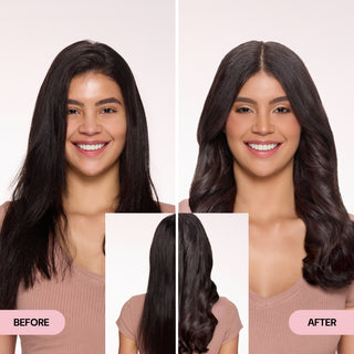 Before-and-after images of a woman showing her hair transformation from straight and dull to shiny, voluminous waves, highlighting the effects of a L’ange hair product.