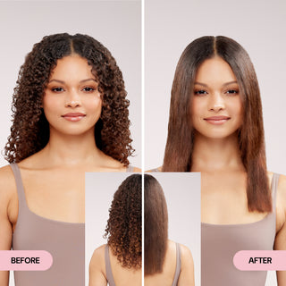 Side-by-side before and after image showing a woman with natural curls transformed to smooth, straight hair.