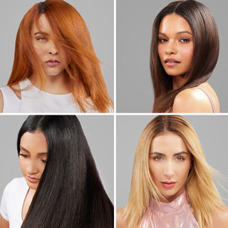 Collage of four women with different hair colors and sleek, smooth hairstyles.