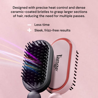 A pink background with the black and blush Mane Pass 2-in-1 Straightening Brush tool educating customers on the technology. 