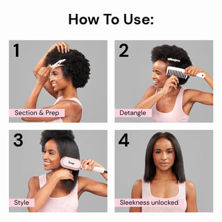 Step by step guide in four parts on how to successfully use the Mane Pass 2-in-1 Straightening Brush.