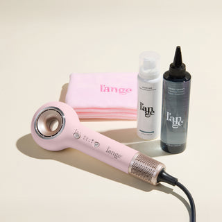 Mane Event Value Set, featuring a Blush Axia, a Blush hair wrap towel, Hydro Therapy, and Glass Hair, displayed on a beige background