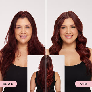 Woman with long red hair shown before and after using L’ange Move-It Dry Texture Spray; hair transitions from flat and shapeless to lifted, voluminous waves with visible body and bounce.