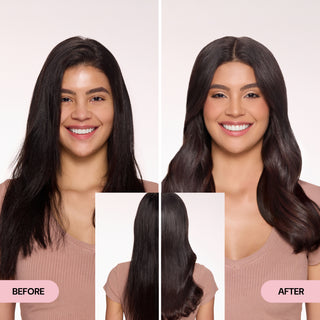 Side-by-side before and after photos of a smiling woman with dark brown hair; before shows smooth, straight hair, and after reveals soft, voluminous curls styled with L’ange Move-It Dry Texture Spray.