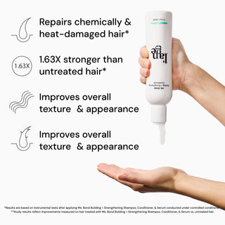 Hair strengthening conditioner being dispensed into a hand, highlighting benefits such as repairing chemically and heat-damaged hair, making hair 1.63 times stronger, and improving overall texture and appearance.