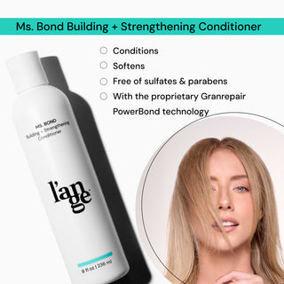 Ms. Bond Building + Strengthening Conditioner features conditioning and softening properties, is free of sulfates and parabens, and includes Granrepair PowerBond technology. The image highlights the product bottle and a woman showcasing smooth, healthy hair.