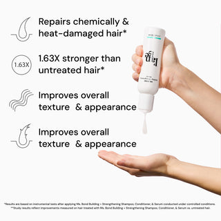 Hand holding a bottle of strengthening serum; claims include repairing chemically and heat-damaged hair, making hair 1.63 times stronger than untreated, and improving texture and appearance.