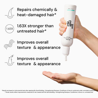 Hand squeezing product from a tube, emphasizing benefits such as repairing chemically and heat-damaged hair, being 1.63 times stronger than untreated hair, and improving overall texture and appearance.