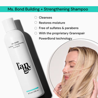 Ms. Bond Building + Strengthening Shampoo bottle, highlighting cleansing, moisture restoration, sulfate and paraben-free formula with Granrepair PowerBond technology. Woman with blonde hair touching her hair in a circle frame.