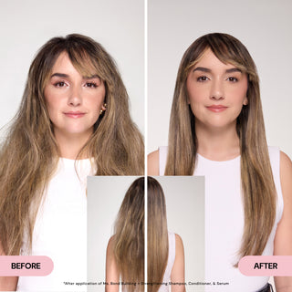 Side-by-side comparison showing a transformation from frizzy, voluminous hair to smooth, sleek, and straight hair after using specific hair products.