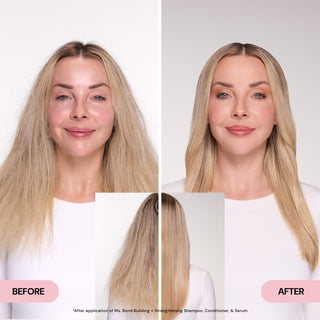 Blonde hair model showing her before and after from the front and back of her hair.