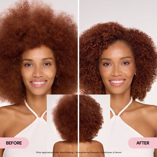 Before and after model image showing the front of her hair and back of her hair.