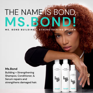 Ms. Bond Building and Strengthening System featuring shampoo, conditioner, and serum designed to repair and strengthen damaged hair, showcased alongside a model with vibrant curls.