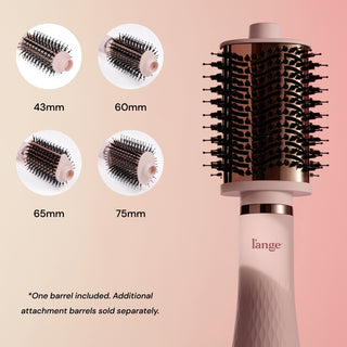 The 4 different interchangeable brush head attachments for Multi-Volume Series sit next to the assembled brush dryer.