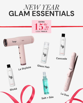 New Year Glam Essentials promotion featuring products like Le Stylistic hairdryer, Le Duo styling tool, and various hair care products with a 15% off discount code.