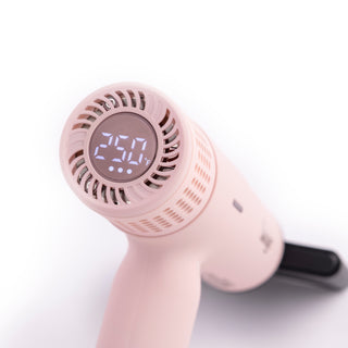 Back view of Blush slim hair dryer with rose gold LCD display