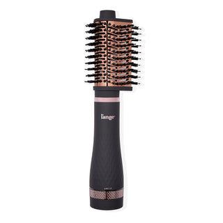 A black and rose gold cylindrical hair styling brush with the brand name "l'ange" on the handle and bristles arranged around the barrel.