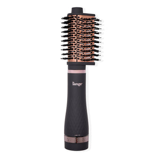 A black and rose gold round brush hair dryer with a volumizing barrel and soft bristles, designed for styling and drying hair simultaneously.
