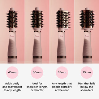 Four cylindrical hairbrushes in varying sizes (43mm, 60mm, 65mm, 75mm) displayed against a pink background, each labeled with suggestions for hair length and styling needs.