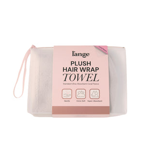Hair Wrap Towel Packaging for L'ange on a white background. Text on packaging reads: "Plush Hair Wrap Towel. Standard Ultra-Absorbent Coral Fleece. Gentle. Extra-Soft. Super-Absorbent"