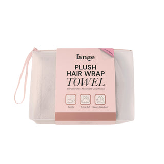Hair Wrap Towel Packaging for L'ange on a white background. Text on packaging reads: "Plush Hair Wrap Towel. Standard Ultra-Absorbent Coral Fleece. Gentle. Extra-Soft. Super-Absorbent"