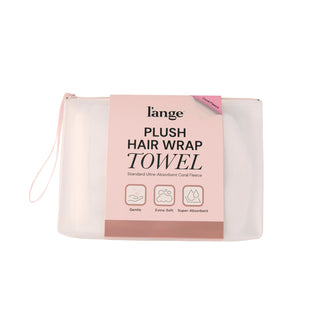 Hair Wrap Towel Packaging for L'ange on a white background. Text on packaging reads: "Plush Hair Wrap Towel. Standard Ultra-Absorbent Coral Fleece. Gentle. Extra-Soft. Super-Absorbent"