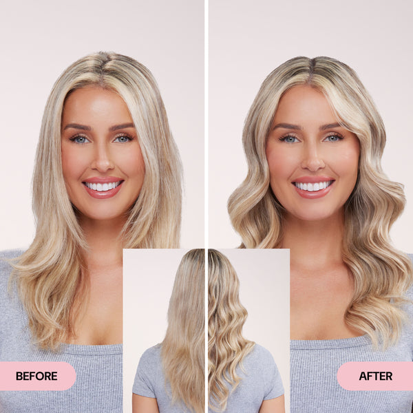 Before and after image showing transformation from straight, flat blonde hair to voluminous, wavy blonde hair.