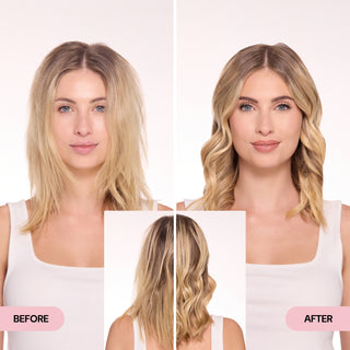 Before and after image showing transformation from frizzy, flat blonde hair to smooth, voluminous waves.