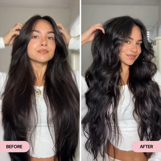 Side-by-side comparison of a woman with long, smooth black hair in the "Before" image and voluminous, defined waves in the "After" image. The transformation highlights added texture, body, and bounce for a more glamorous look.