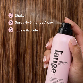How To image. Text reads "1. Shake, 2. Spray 4-6 Inches Away, 3. Tousle & Style"