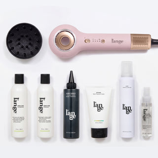 L'ange blush hair dryer with diffuser attachment, with Frizz Care Conditioner, Frizz Care Shampoo, Hydro Therapy 7 Second Instant Repair Treatment, Beyond Multi-Purpose Cream, Whip Volumizing Mousse, and Satin Nectar Nourishing Gloss